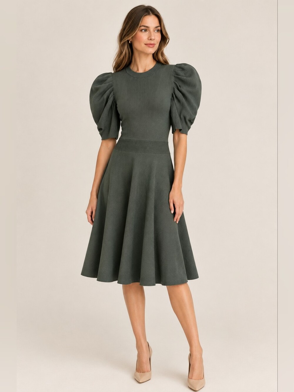 Ted Baker Puff Sleeve Knit Midi Dress - Dark Sage